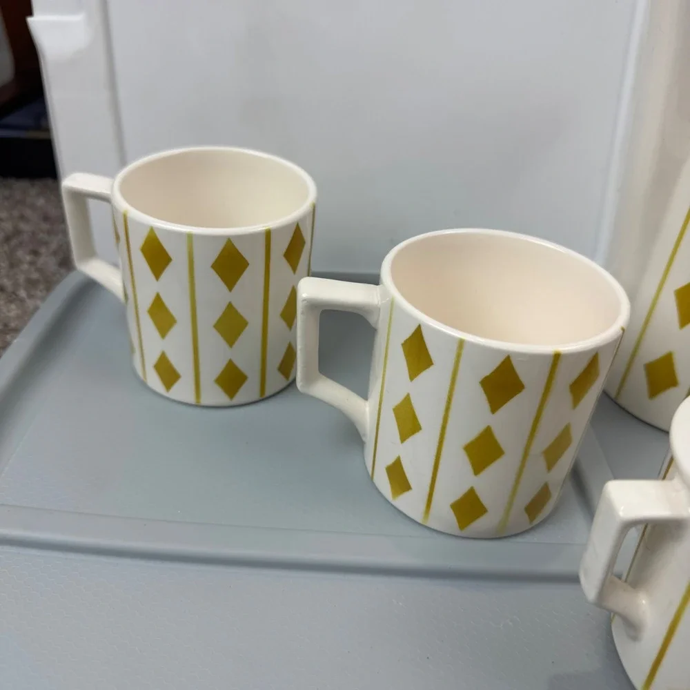 VTG Royal Sealy Harlequin Diamond Coffee Tea Set White Mustard MCM Ceramic 9pc